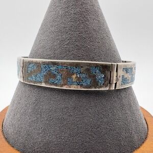 Mexico Taxco Sterling Silver 925 Turquoise Inlay Bangle Bracelet 7.25in 37.12g